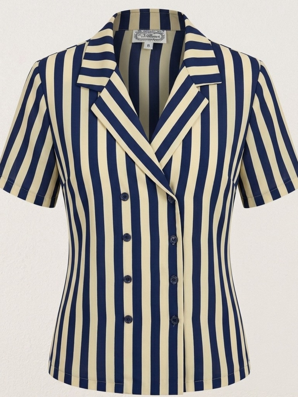 Vintage The Villager Navy & Cream Striped Double-Breasted Short Sleeve Blazer